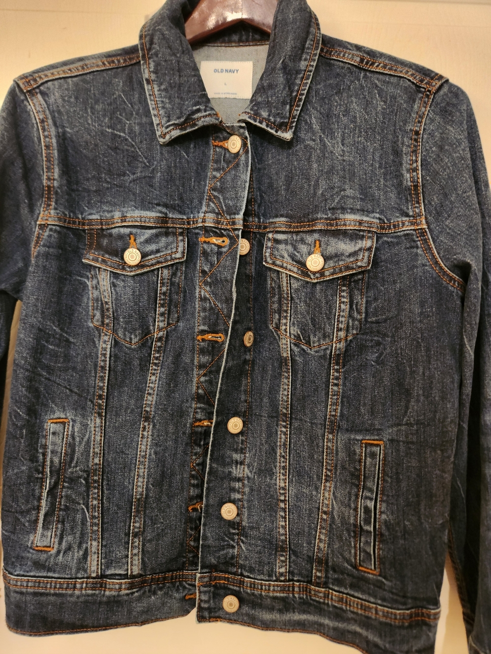 Old Navy Distressed Dark Blue Denim Jacket with Contrast Stitching